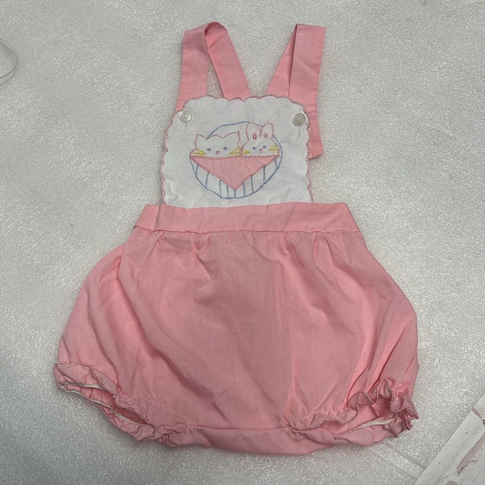 VTG Baby Girl 18 Months Pastel Embroidered I Love My Kitty Bubble Romper